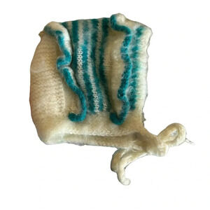 Handmade baby girls knit by bonnet, cream and turquoise